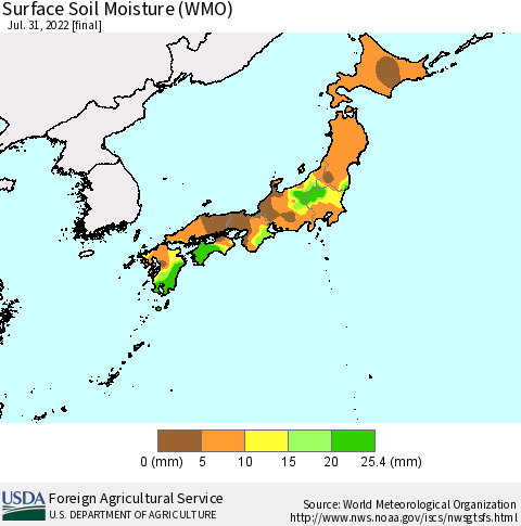 Japan Surface Soil Moisture (WMO) Thematic Map For 7/25/2022 - 7/31/2022