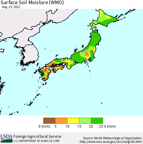 Japan Surface Soil Moisture (WMO) Thematic Map For 8/8/2022 - 8/14/2022