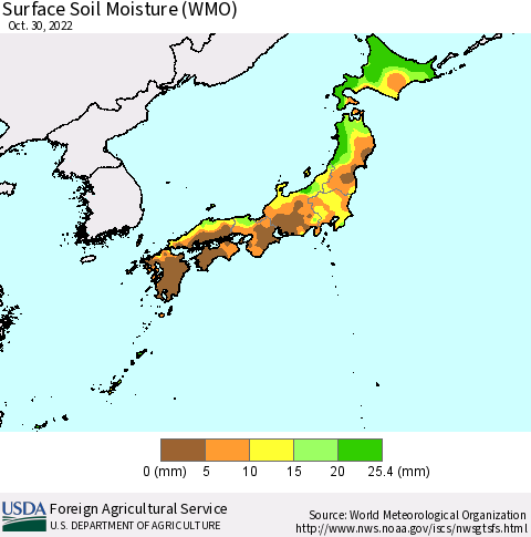 Japan Surface Soil Moisture (WMO) Thematic Map For 10/24/2022 - 10/30/2022