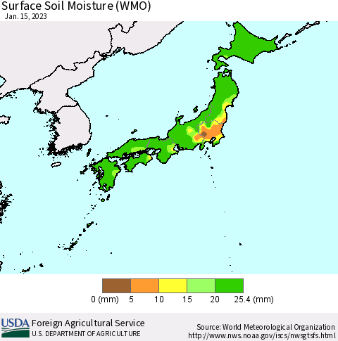 Japan Surface Soil Moisture (WMO) Thematic Map For 1/9/2023 - 1/15/2023