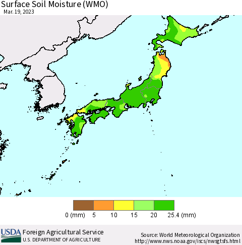 Japan Surface Soil Moisture (WMO) Thematic Map For 3/13/2023 - 3/19/2023
