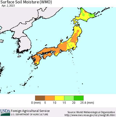 Japan Surface Soil Moisture (WMO) Thematic Map For 3/27/2023 - 4/2/2023