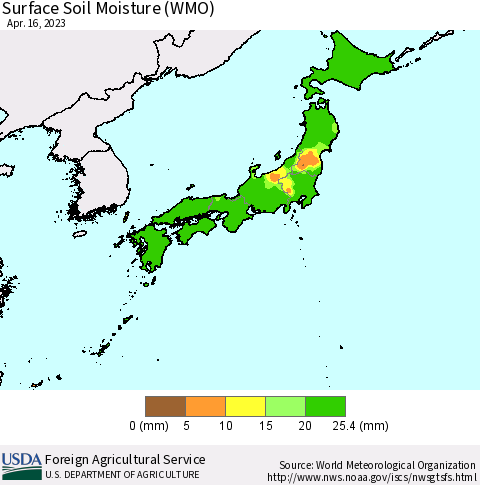 Japan Surface Soil Moisture (WMO) Thematic Map For 4/10/2023 - 4/16/2023