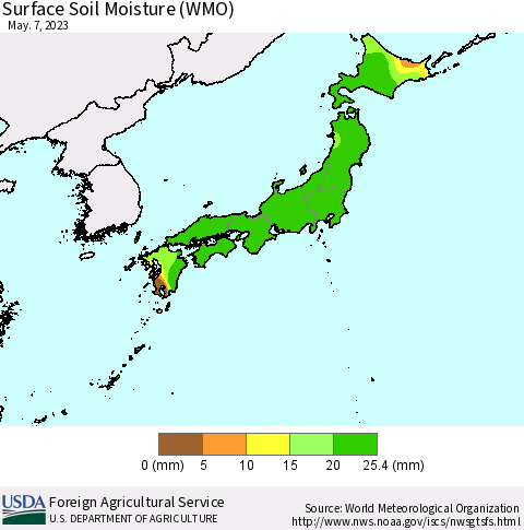 Japan Surface Soil Moisture (WMO) Thematic Map For 5/1/2023 - 5/7/2023