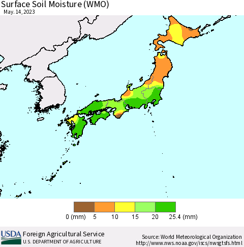 Japan Surface Soil Moisture (WMO) Thematic Map For 5/8/2023 - 5/14/2023
