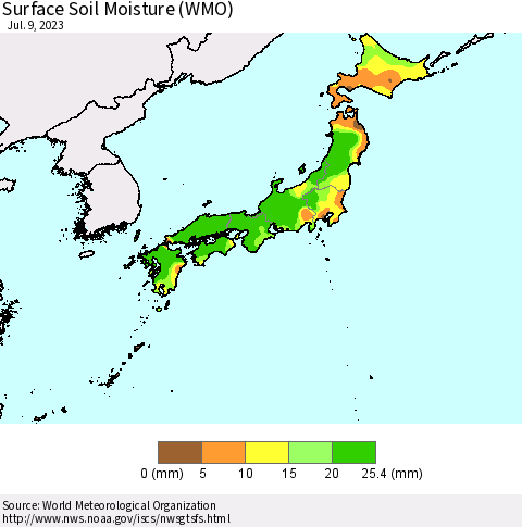 Japan Surface Soil Moisture (WMO) Thematic Map For 7/3/2023 - 7/9/2023