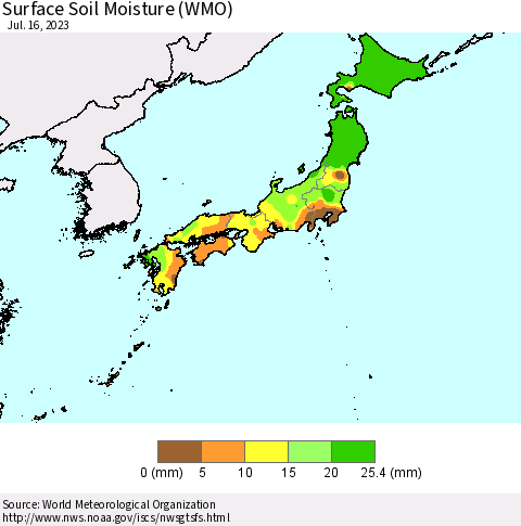 Japan Surface Soil Moisture (WMO) Thematic Map For 7/10/2023 - 7/16/2023