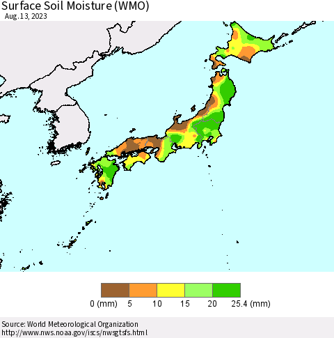Japan Surface Soil Moisture (WMO) Thematic Map For 8/7/2023 - 8/13/2023