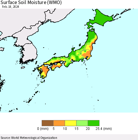 Japan Surface Soil Moisture (WMO) Thematic Map For 2/12/2024 - 2/18/2024