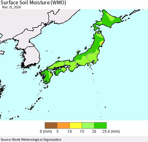 Japan Surface Soil Moisture (WMO) Thematic Map For 3/25/2024 - 3/31/2024