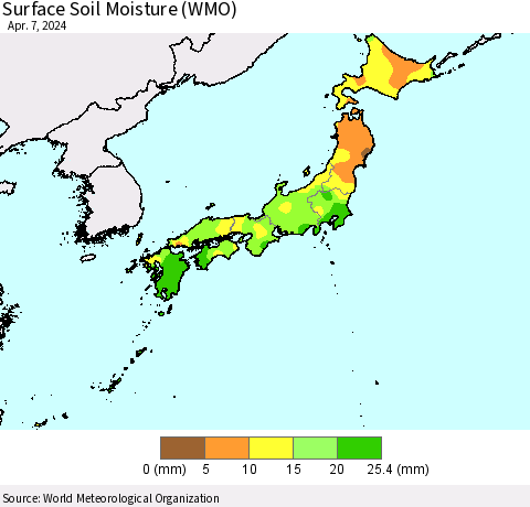 Japan Surface Soil Moisture (WMO) Thematic Map For 4/1/2024 - 4/7/2024