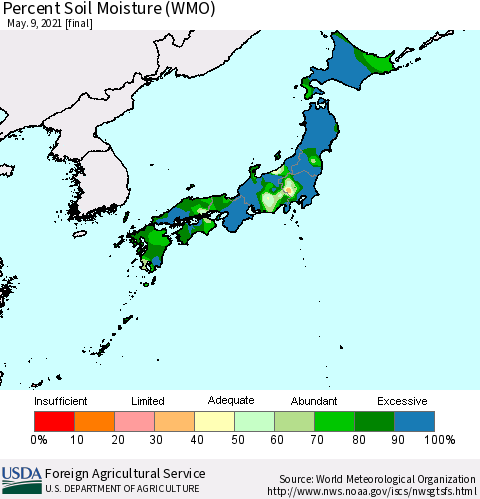 Japan Percent Soil Moisture (WMO) Thematic Map For 5/3/2021 - 5/9/2021