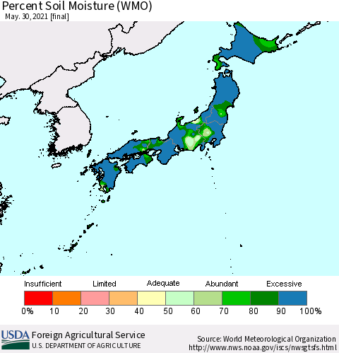 Japan Percent Soil Moisture (WMO) Thematic Map For 5/24/2021 - 5/30/2021