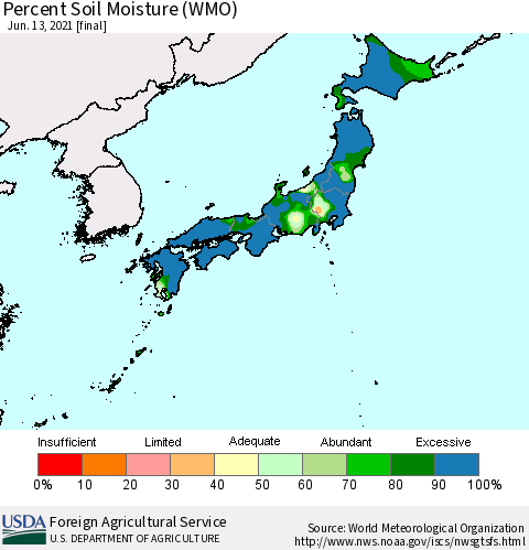 Japan Percent Soil Moisture (WMO) Thematic Map For 6/7/2021 - 6/13/2021