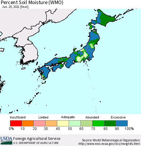 Japan Percent Soil Moisture (WMO) Thematic Map For 6/14/2021 - 6/20/2021
