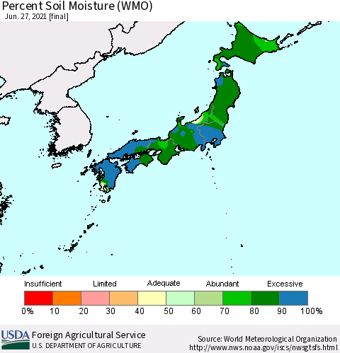 Japan Percent Soil Moisture (WMO) Thematic Map For 6/21/2021 - 6/27/2021