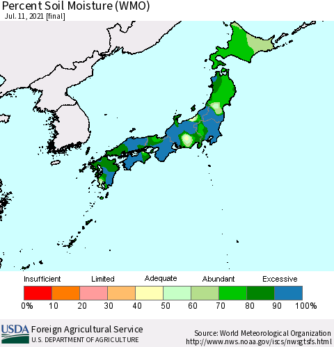 Japan Percent Soil Moisture (WMO) Thematic Map For 7/5/2021 - 7/11/2021