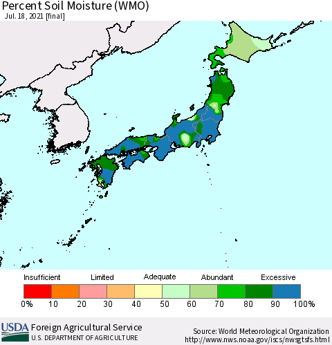 Japan Percent Soil Moisture (WMO) Thematic Map For 7/12/2021 - 7/18/2021