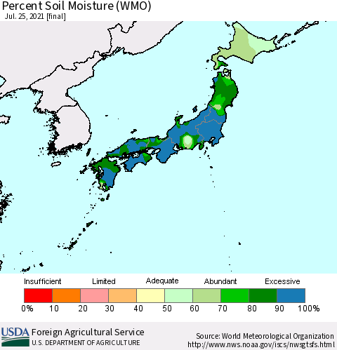 Japan Percent Soil Moisture (WMO) Thematic Map For 7/19/2021 - 7/25/2021