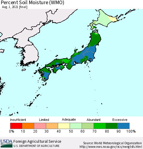 Japan Percent Soil Moisture (WMO) Thematic Map For 7/26/2021 - 8/1/2021