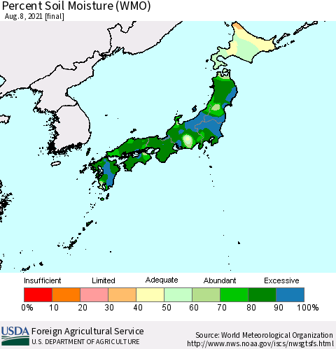 Japan Percent Soil Moisture (WMO) Thematic Map For 8/2/2021 - 8/8/2021