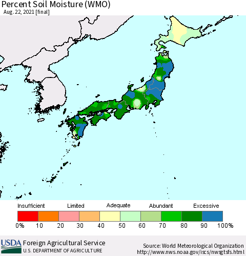 Japan Percent Soil Moisture (WMO) Thematic Map For 8/16/2021 - 8/22/2021
