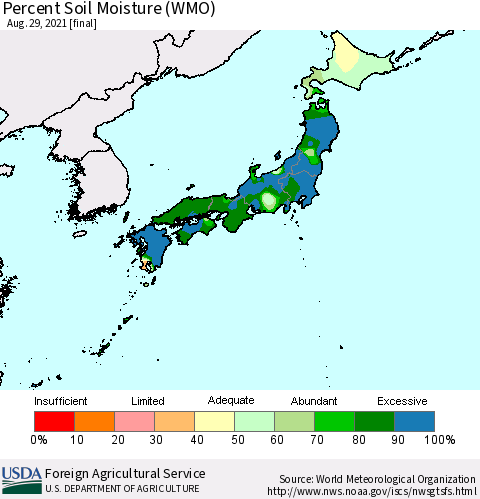 Japan Percent Soil Moisture (WMO) Thematic Map For 8/23/2021 - 8/29/2021