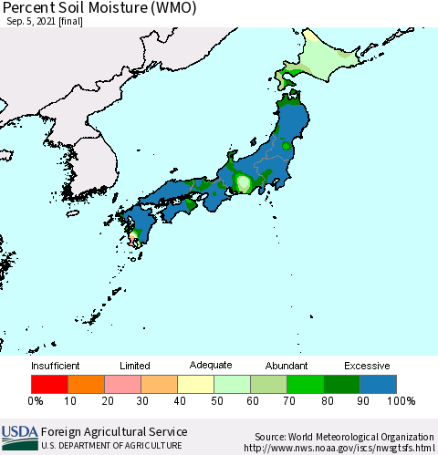 Japan Percent Soil Moisture (WMO) Thematic Map For 8/30/2021 - 9/5/2021