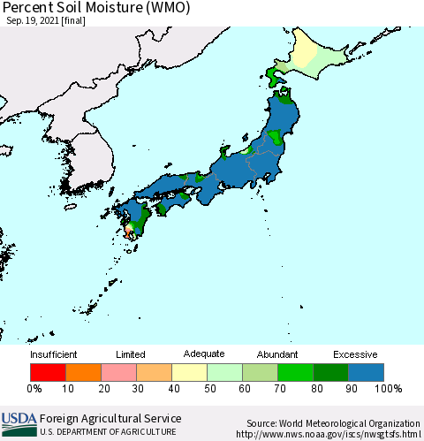 Japan Percent Soil Moisture (WMO) Thematic Map For 9/13/2021 - 9/19/2021