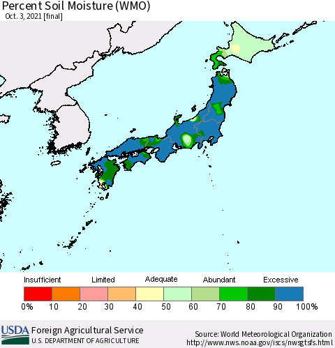 Japan Percent Soil Moisture (WMO) Thematic Map For 9/27/2021 - 10/3/2021