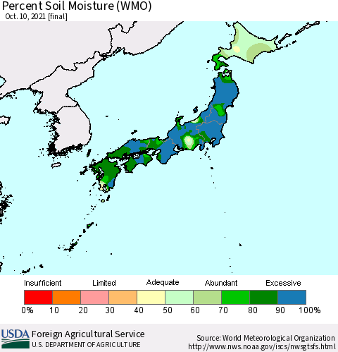 Japan Percent Soil Moisture (WMO) Thematic Map For 10/4/2021 - 10/10/2021
