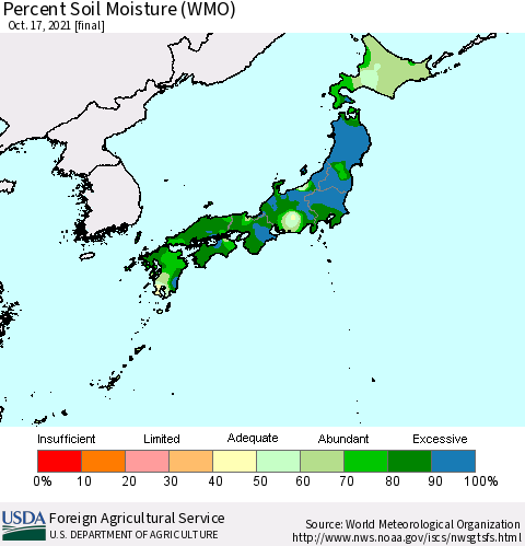 Japan Percent Soil Moisture (WMO) Thematic Map For 10/11/2021 - 10/17/2021