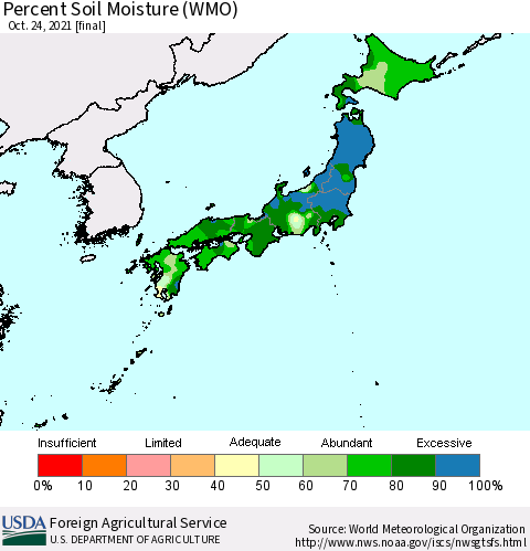 Japan Percent Soil Moisture (WMO) Thematic Map For 10/18/2021 - 10/24/2021