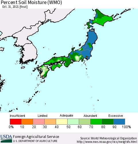 Japan Percent Soil Moisture (WMO) Thematic Map For 10/25/2021 - 10/31/2021