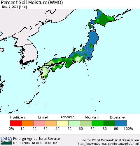 Japan Percent Soil Moisture (WMO) Thematic Map For 11/1/2021 - 11/7/2021
