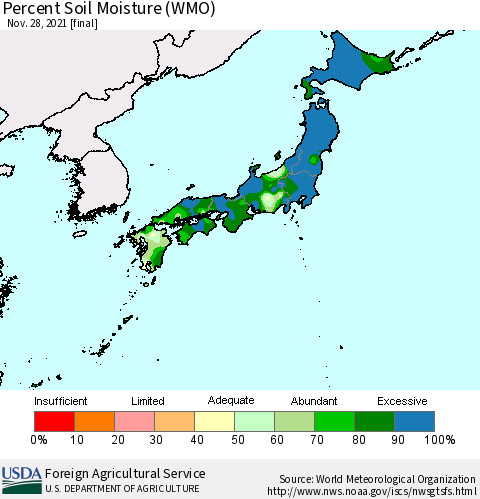 Japan Percent Soil Moisture (WMO) Thematic Map For 11/22/2021 - 11/28/2021