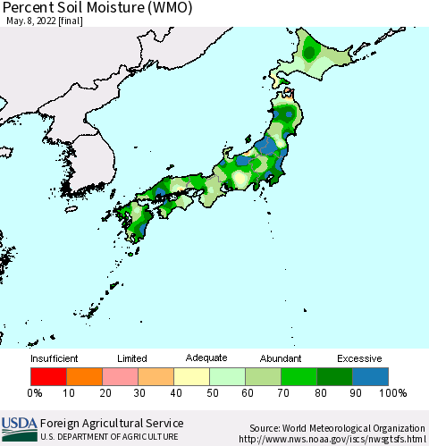 Japan Percent Soil Moisture (WMO) Thematic Map For 5/2/2022 - 5/8/2022