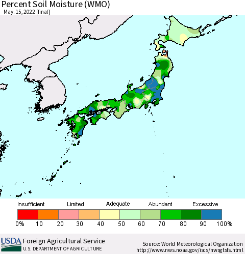 Japan Percent Soil Moisture (WMO) Thematic Map For 5/9/2022 - 5/15/2022