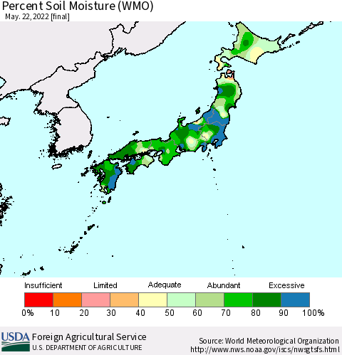 Japan Percent Soil Moisture (WMO) Thematic Map For 5/16/2022 - 5/22/2022