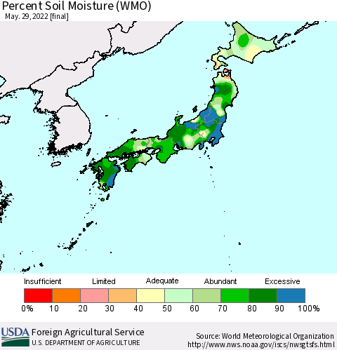 Japan Percent Soil Moisture (WMO) Thematic Map For 5/23/2022 - 5/29/2022