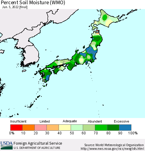 Japan Percent Soil Moisture (WMO) Thematic Map For 5/30/2022 - 6/5/2022