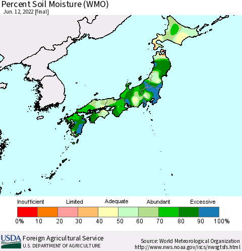 Japan Percent Soil Moisture (WMO) Thematic Map For 6/6/2022 - 6/12/2022