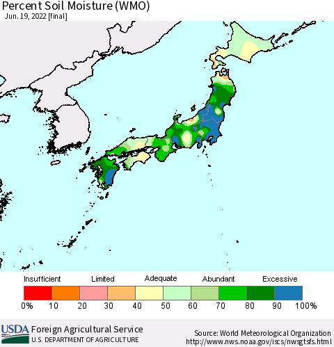 Japan Percent Soil Moisture (WMO) Thematic Map For 6/13/2022 - 6/19/2022