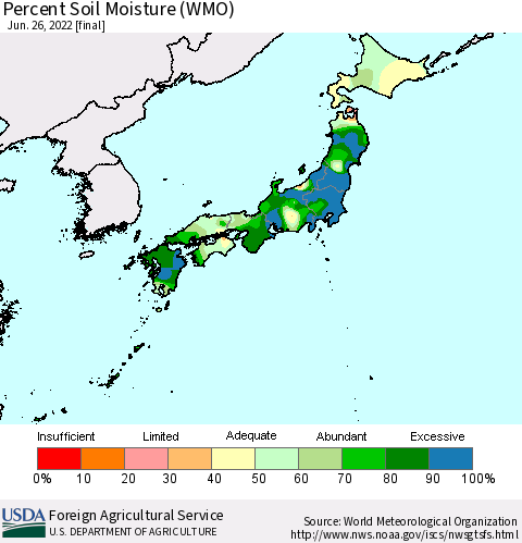 Japan Percent Soil Moisture (WMO) Thematic Map For 6/20/2022 - 6/26/2022