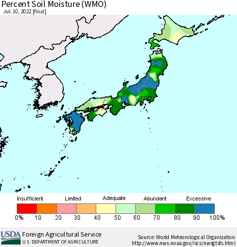 Japan Percent Soil Moisture (WMO) Thematic Map For 7/4/2022 - 7/10/2022