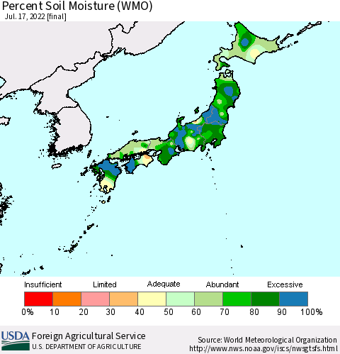 Japan Percent Soil Moisture (WMO) Thematic Map For 7/11/2022 - 7/17/2022