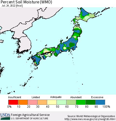 Japan Percent Soil Moisture (WMO) Thematic Map For 7/18/2022 - 7/24/2022