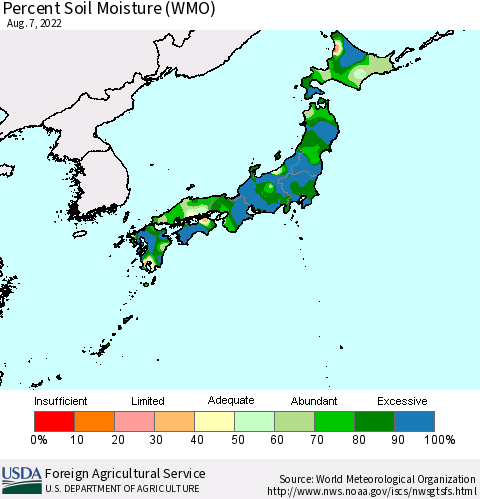 Japan Percent Soil Moisture (WMO) Thematic Map For 8/1/2022 - 8/7/2022