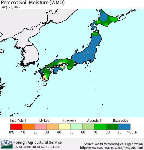 Japan Percent Soil Moisture (WMO) Thematic Map For 8/15/2022 - 8/21/2022