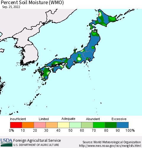Japan Percent Soil Moisture (WMO) Thematic Map For 9/19/2022 - 9/25/2022
